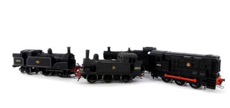 A kit built OO gauge J67/1 Class locomotive, British Rail black livery, 0-6-0T, 68513., unnumbered kit built locomotive, 2-6-2., Lima diesel shunting locomotive, 0-6-0, 15234., and a Hornby M7 locomotive, black livery, 0-4-40T, 30241. (4)