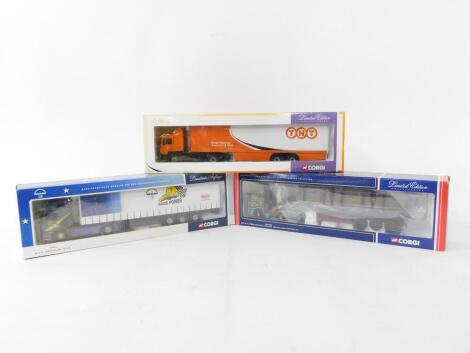 Three Corgi die cast lorries, 1:50 scale, comprising MAN box trailer - TNT, 75701., MAN curtainside - MAN, 75801., and ERF EC flat bed trailer & log load - Joss Millican (Penton) Ltd, CC11905, all boxed.