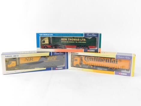 Three Corgi die cast lorries, 1:50 scale, comprising Renault Curtainside - Nigel Rice Transport Ltd, L5605., M.A.N. Curtainside - Continental Reifen, 75802., Leyland DAF Curtainside - Kenny Thomas Ltd, 75406, all boxed.