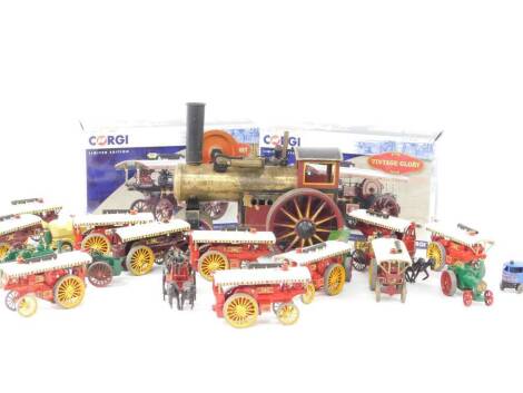 Two Corgi Vintage Glory Bull Showman's die cast road locomotive models, 1:50 scale, CC20517, various Lesney and other die cast road locomotives and other vintage vehicles, and a model steam locomotive. (qty)