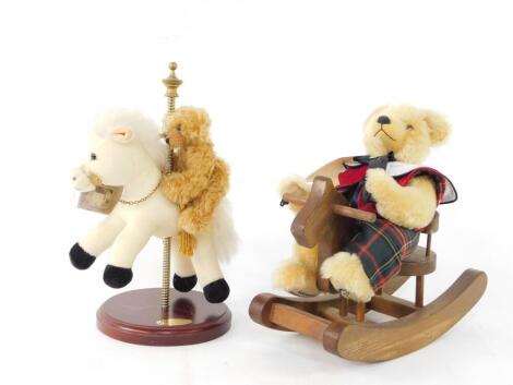 A Merrythought Dreamland Carousel mohair Teddy Bear, together with a Hermann 11th Sonneberg Museums Bear 2004, Mohair Teddy Bear sitting on a rocking horse, limited edition 54/250. (2)