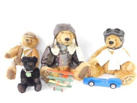 Four Hermann mohair Teddy Bears, comprising The Bluebird Land Speed Record Bear, with wooden model of The Bluebird, limited edition 43/101., Red Baron Bear, with wood model of The Red Baron, limited American edition 190/500., Professor Higgins Miniature