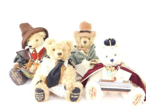 Four Hermann Mohair Teddy Bears, comprising Queen Mary II, with model of The Queen Mary II, limited edition No 25/750., Christopher Columbus, limited edition No 551/750., Concorde Memorial Bear, with a wood model of Concorde, limited edition No 33/250., a