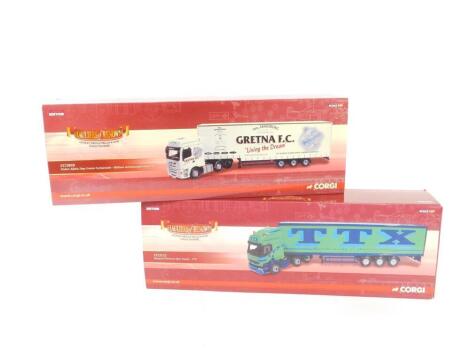 Two Corgi limited edition Hauliers of Renown die cast lorries, 1:50 scale, comprising Renault Premier Box Trailer - TTX, CC12112., and Foden Alpha Step Frame Curtainside - William Armstrong/Gretna FC, CC13910, both boxed.