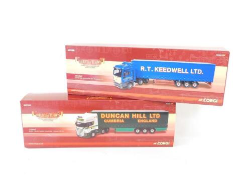 Two Corgi Hauliers of Renown limited edition die cast lorries, comprising Scania R Series Top Line Curtainside - Duncan Hill Ltd, CC13716., and MAN TGA Curtainside - R.T.Keedwel Ltd, CC13423, both boxed.