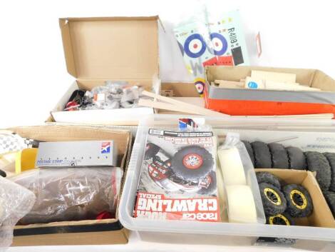 Model airplane parts and accessories, to include folding props, plastic housings, plywood lengths, wheels, etc. (qty)