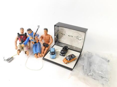 Three Action Man figures, and a Norev Citroen 3 die cast car model set, of 2CV and CV3 Pluriel three model set. (4)