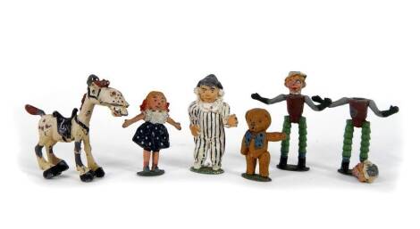 1950's Sacul Television Character lead figures, comprising Bill & Ben, Andy Pandy, Looby Lou, Teddy, and Muffin the Mule, play worn. (AF). (6)