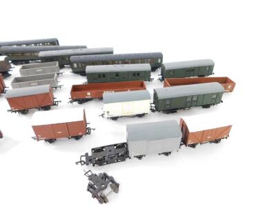 Scratch built and other OO gauge coaches and wagons, to include Southern Railway carriages, green livery, open sulphate and brick flat bed wagons, etc. (qty) - 2