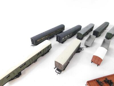 Scratch built and other OO gauge coaches and wagons, to include Southern Railway carriages, green livery, open sulphate and brick flat bed wagons, etc. (qty) - 3