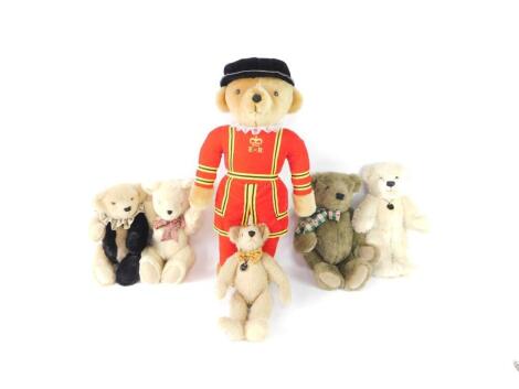 A Merrythought Beefeater Teddy Bear, 64cm H, two Dean's Limited Edition Bears, and three Millwheel Bear Teddy Bears. (6)