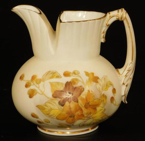 A Royal Worcester blush ivory jug, decorated with flowers in autumnal colours, shape no. 1478, puce marked, 11cm H.