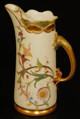 A Royal Worcester blush ivory tall jug, decorated with stylized flowers and grapes, shape code 1229, puce marked, 1892, 15cm H.