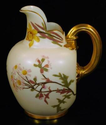 A Royal Worcester blush ivory ewer, decorated with polychrome flowers, shape code 1094, c1892, 16cm H.