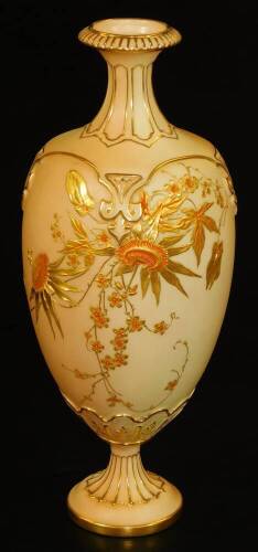 A Royal Worcester blush ivory tall vase, decorated in raised patera, gilt and orange passion flowers, shape code 1859, c1897, 24cm H.