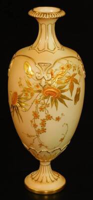 A Royal Worcester blush ivory tall vase, decorated in raised patera, gilt and orange passion flowers, shape code 1859, c1897, 24cm H.