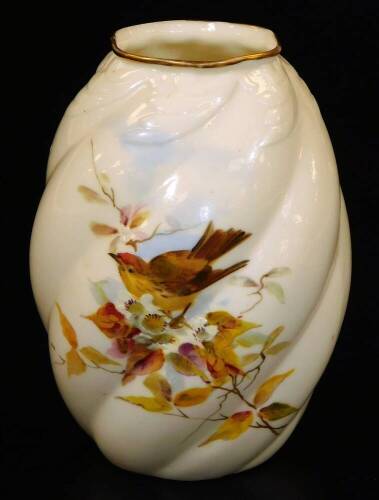 A Grainger & Co Worcester spiral moulded vase, decorated with a bird in apple blossom, shape code G259, c1890, 10cm H.