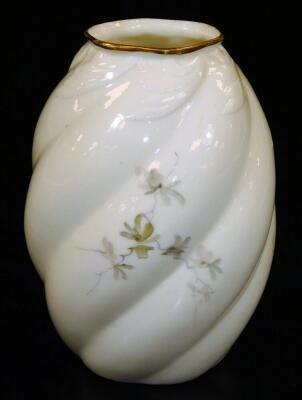 A Grainger & Co Worcester spiral moulded vase, decorated with a bird in apple blossom, shape code G259, c1890, 10cm H. - 2