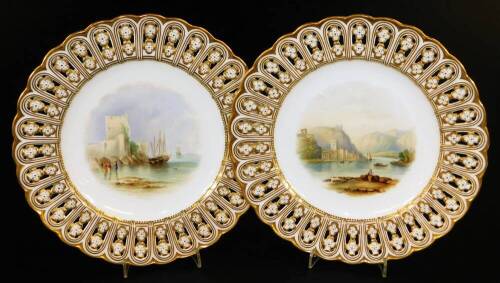 A pair of Minton ribbon plates, decorated with fine landscapes, pattern no. A3082, c1860, 23m Dia. Ex Willis Collection.