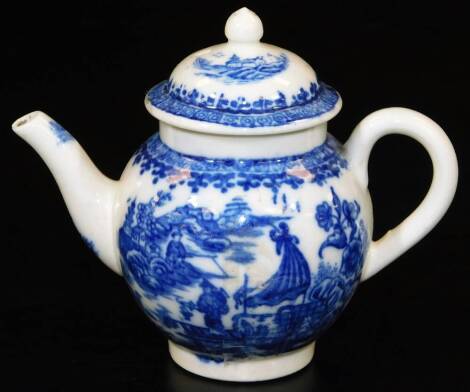 A Caughley miniature teapot and cover, printed with the fisherman pattern, c1780, 8cm H.