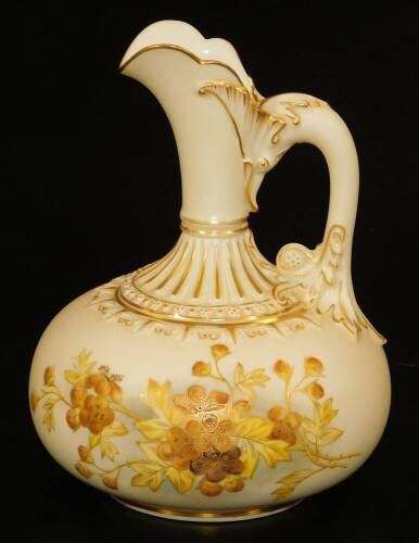 A Royal Worcester blush ivory squat ewer, decorated in gilt and yellow flowers, shape code 1136, 1878,16cm H.