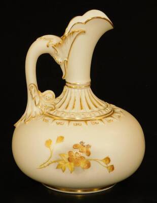 A Royal Worcester blush ivory squat ewer, decorated in gilt and yellow flowers, shape code 1136, 1878,16cm H. - 2