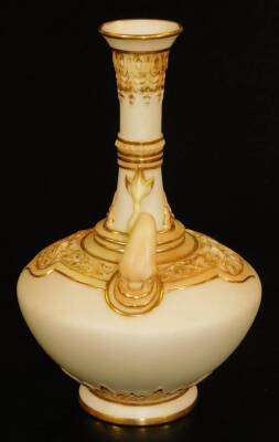 A late 19thC Royal Worcester porcelain blush ivory two handled vase, with cylindrical stem, bellied circular body, and circular foot, no. 1578, 19cm H. - 2