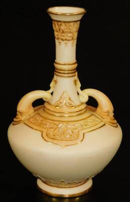 A late 19thC Royal Worcester porcelain blush ivory two handled vase, with cylindrical stem, bellied circular body, and circular foot, no. 1578, 19cm H. - 3