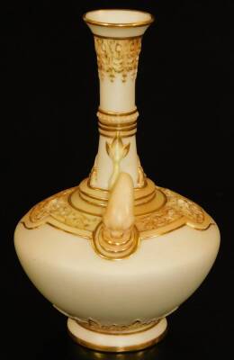 A late 19thC Royal Worcester porcelain blush ivory two handled vase, with cylindrical stem, bellied circular body, and circular foot, no. 1578, 19cm H. - 4