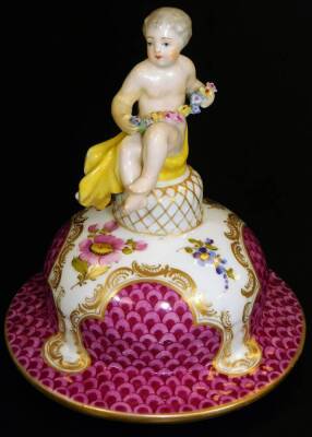 A pair of Meissen porcelain vases and covers, each exquisitely decorated with flowers, with domed circular lids surmounted by cherub and garland finials, each main body decorated with feathered pink and purple panelling, with further handpainted flowers o - 7