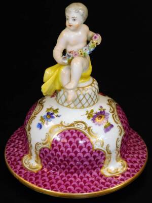 A pair of Meissen porcelain vases and covers, each exquisitely decorated with flowers, with domed circular lids surmounted by cherub and garland finials, each main body decorated with feathered pink and purple panelling, with further handpainted flowers o - 11
