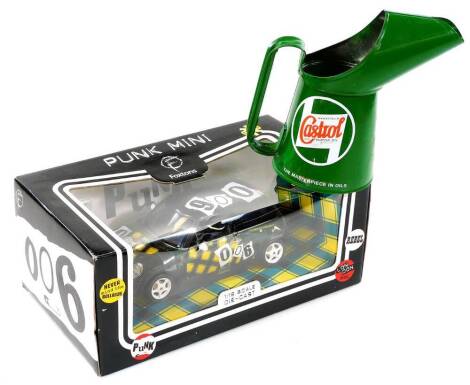 A Punk Mini die cast model car, scale 1:18, 19cm W, boxed, together with a reproduction Castrol oil can. (2)