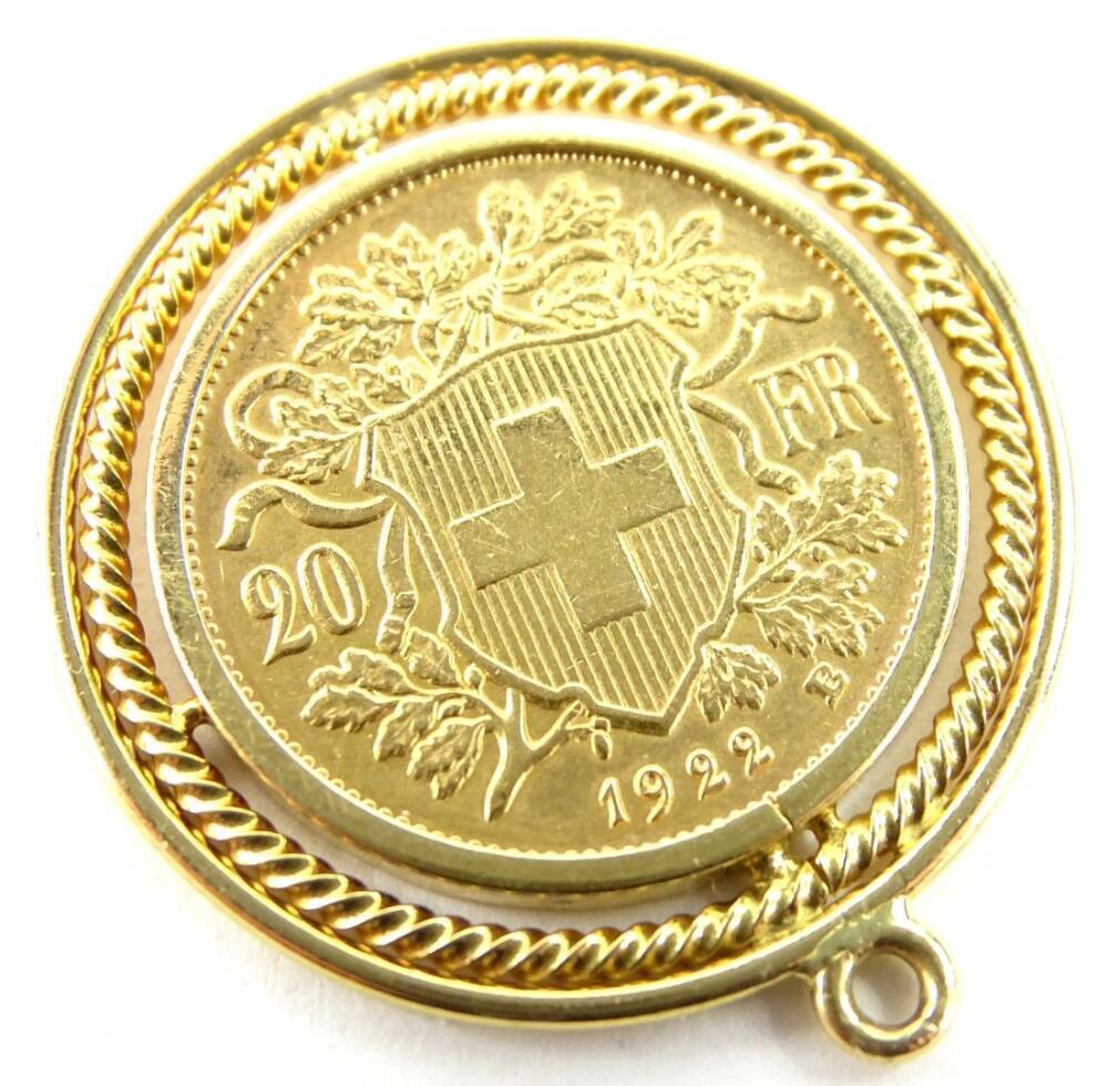 A 20 Swiss francs gold coin pendant with dated 1922 and Helvetia