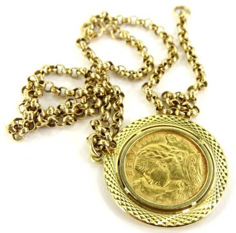 A 20 Franc gold coin pendant and chain, the coin dated 1912, in an 18ct gold surround, yellow metal curb link chain, stamped 9K, 20.5g all in.