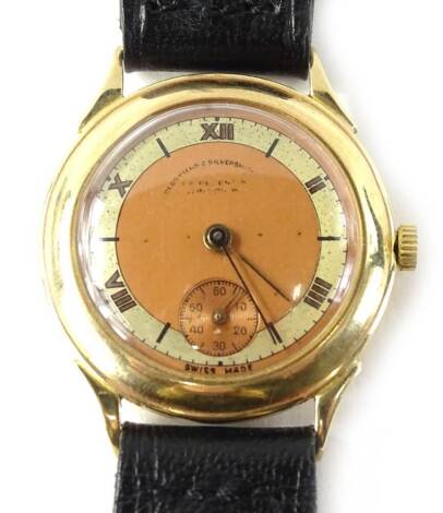 A gentleman's wristwatch, with small circular dial of orange colour, with rubbed markings and seconds dial, in a yellow metal case, unmarked, in scribed to rear Presented to Mr T Mumby by the directors of Hovis Ltd in appreciation of 25 years service 1918