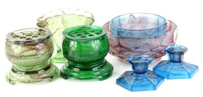 Various decorative glassware, etc., early 20thC Davidson style blue glass footed bowl, 15cm W, rose bowl, dwarf candlesticks, flared planter, etc. (a quantity)