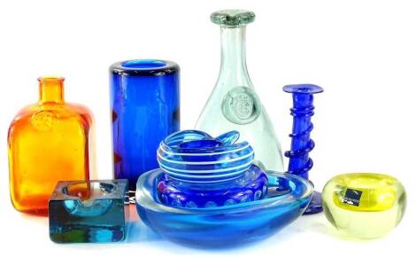 Various studio and other glassware, to include a Leonardo bowl with shallow centre, 7cm H, another square bowl with lip, blue glass vase of cylindrical form, amber coloured glass vases, etc., others with seal marks. (a quantity)