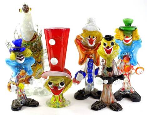 Various continental studio glass clowns, bird ornaments, clown head figure with elaborate hat, 25cm H, etc. (a quantity)