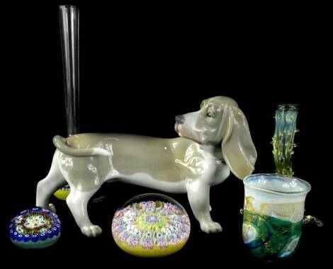 Various small Millefiori paperweights, etc., comprising one in pink and blue floral pattern, 6cm dia, unmarked, a similar designed vase, Lladro type figure of a dog, and other small glassware, etc. (a quantity)