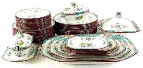 A late 19thC Copeland Spode part dinner service, to include graduated meat plates, 46cm W, etc., tureens on stands, plates, side plates, etc., each decorated with panels of flowers with an outer turquoise and red line banding, printed marks beneath. (a qu