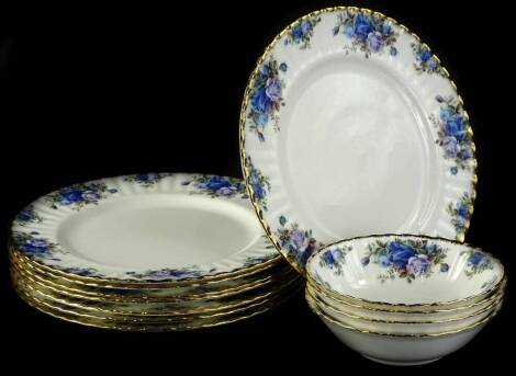A Royal Albert moonlight rose part service, comprising dinner plates, 25cm W, and bowl, printed marks beneath. (a quantity)