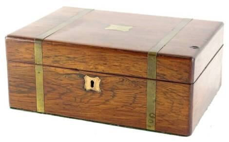 A 19thC rosewood casket, with brass banding, plain inverted escutcheon and similar cartouche, with vacant interior, 11cm H, 29cm W, 18cm D. (AF)