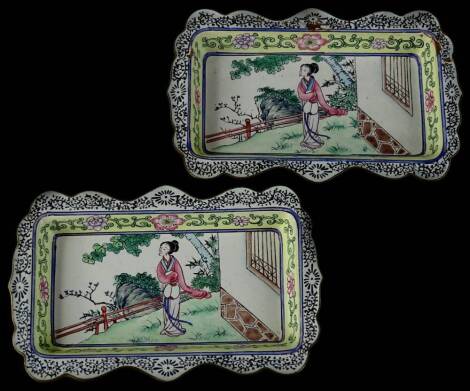Two 20thC cloisonne dishes, each decorated with Geisha in exterior settings, in colours with a white and black floral outline, 17cm W. (2)