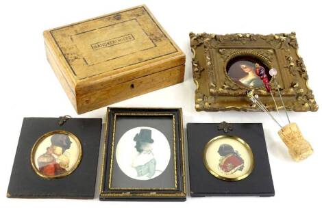 Bygones, collectables, to include hat pins, to include early 20thC type, 12cm H, portrait miniatures, miniature frames, etc., other portrait miniature prints, etc. (a quantity)