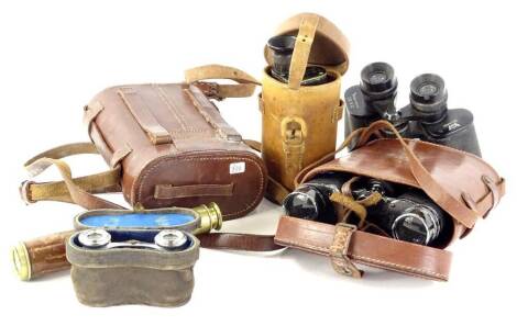 Various binoculars, telescope, etc., to include a French numbered 172 single lens telescope viewer, a two drawer brass telescope with leather centre, a pair of field type binoculars, marked coated optics, island 8 x 30, various other cased binoculars, ope