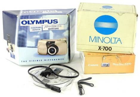 Various modern cameras and effects, to include an Olympus M1030SW boxed camera, other boxed items, Olympus Panorama version Quartz date camera, etc. (a quantity)