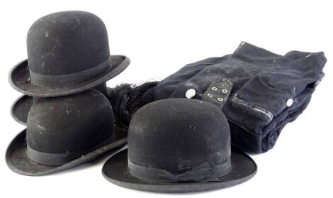 Various early 20thC and later bowler hats, feathers, compressed top hat with ribbon, 27cm x 23cm, the interior measurements, approx 19cm x 15cm, other vintage hats, etc. (a quantity)