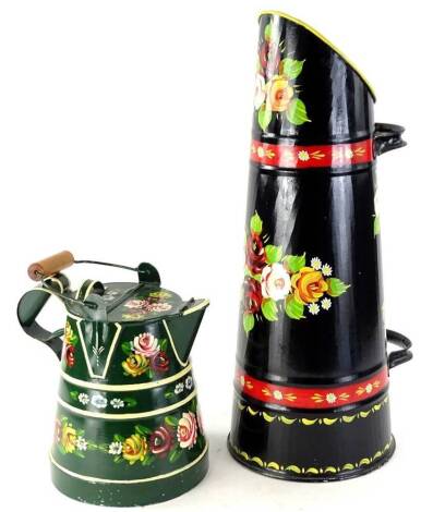 A painted bargeware coal scuttle, and a water carrier. (2)