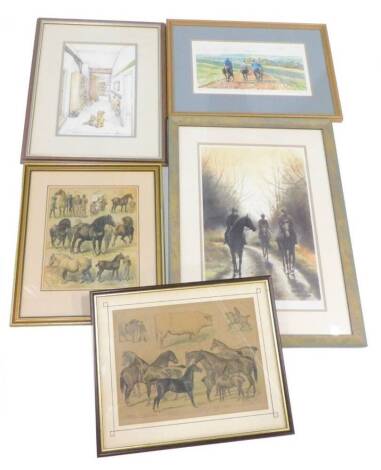 Caroline Cook. After the Rain, artist signed, limited edition print, another similar horse racing print, after Anne Stutt and a pair of Victorian hand painted prints, each depicting various agricultural subjects. (5)