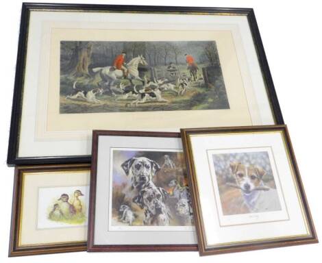Mick Cawston (1959-2006). Dalmations, artist signed limited edition print, 30cm x 36cm, another similar limited edition print, titled Lets Play, by Paul Doyle (b1964), a limited edition print of three ducks, by Dorothia Buxton Lloyd Hyde (b1942), and a re